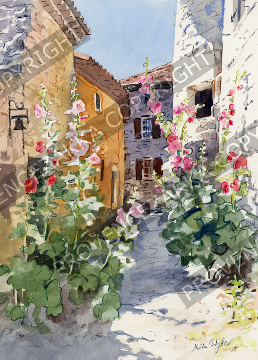 Provence Hollyhocks, water color painting, signed print - Click Image to Close